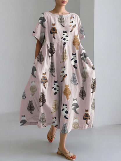 Cute Cats Embroidery Pattern Linen Blend Dress elevenforest