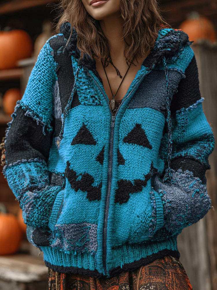 Patchwork Halloween Pumpkin Face Art  Cozy Knit Hooded Cardigan artswardrobe