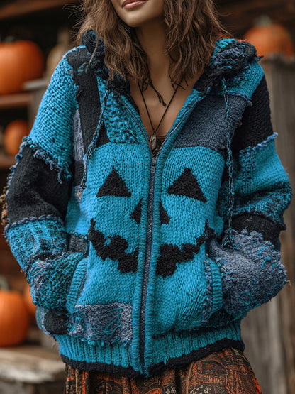 Patchwork Halloween Pumpkin Face Art  Cozy Knit Hooded Cardigan artswardrobe