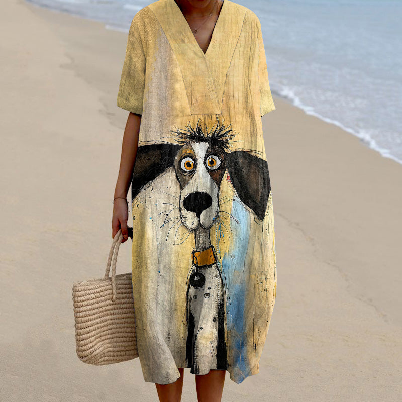 Comstylish Women‘s Cute Dog Art Print V Neck Midi Dress
