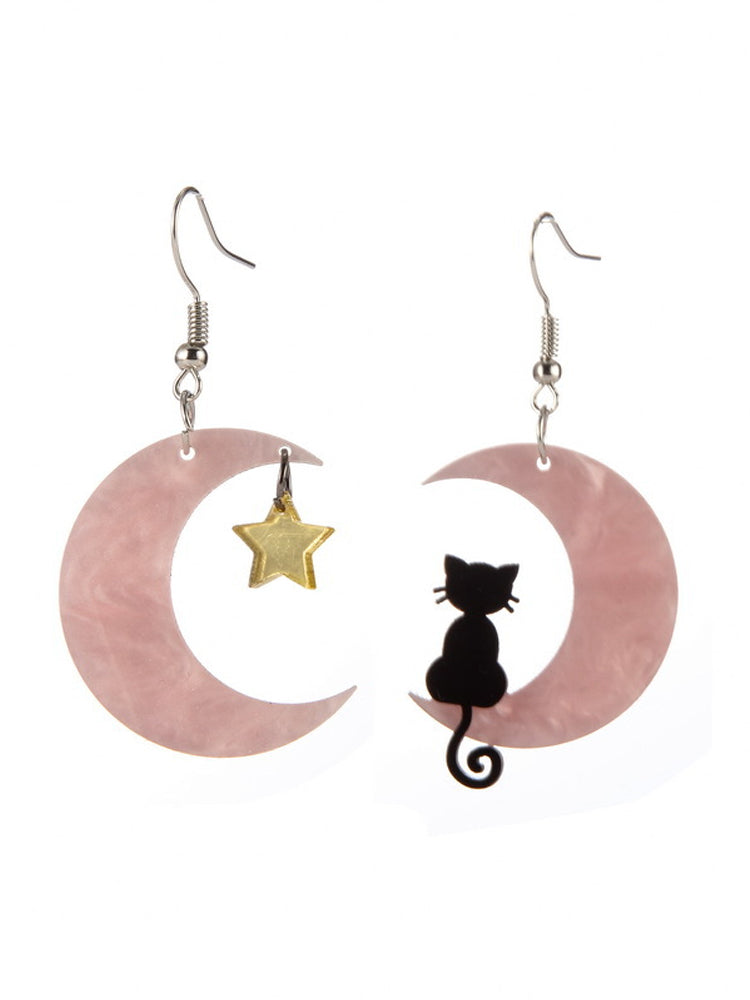 Cartoon Black Cat And Moon Earrings elevenforest