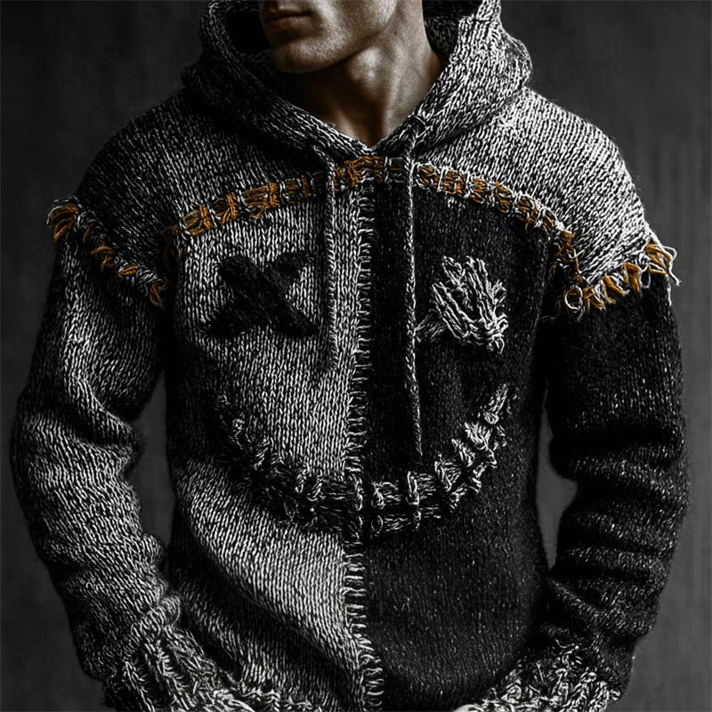 Men's Halloween Spooky Face Contrast Stitched Cozy Knit Hooded Sweater artswardrobe