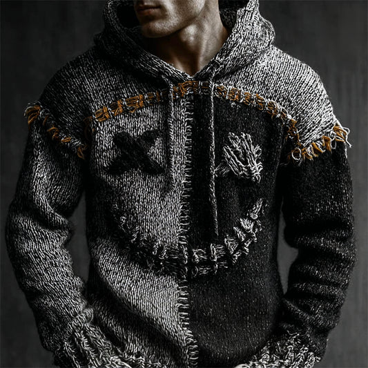 Men's Halloween Spooky Face Contrast Stitched Cozy Knit Hooded Sweater artswardrobe