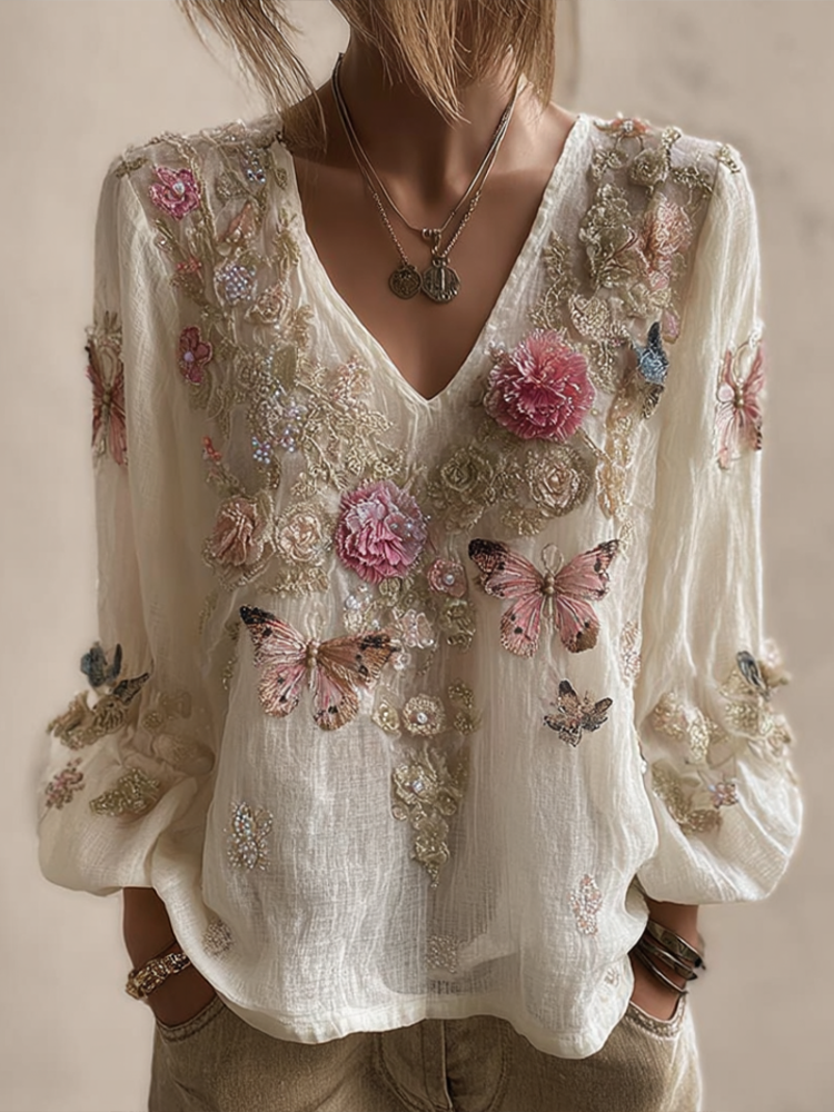 Comstylish Bohemian Style V-neck Butterfly And Flower Embroidery Cotton And Linen Short Sleeve