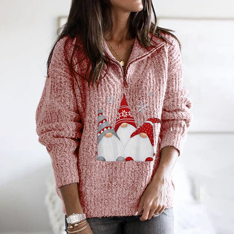 Santa Print Zipped Long Sleeve Knitted Sweater elevenforest
