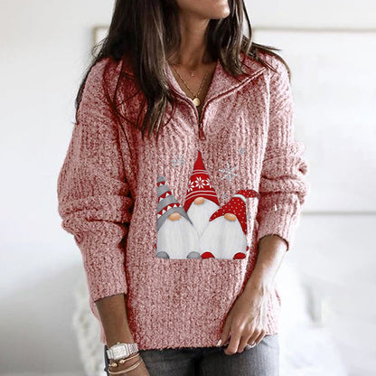 Santa Print Zipped Long Sleeve Knitted Sweater elevenforest