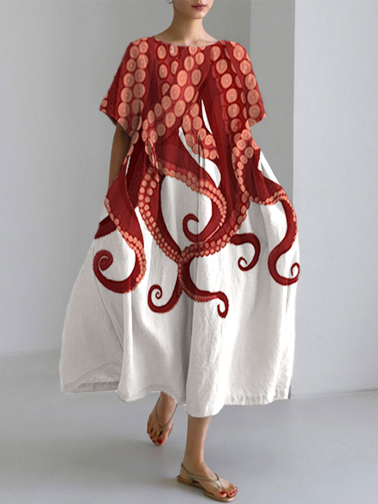 Japanese Art Ocean Octopus Print Cotton Blend Dress