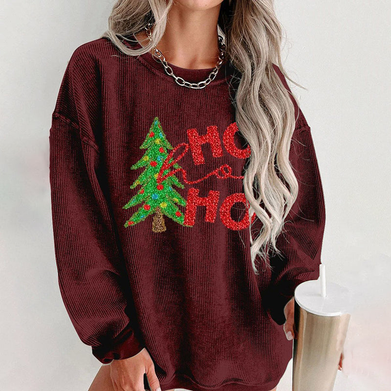 Comstylish Christmas Tree Print Crew Neck Casual Sweatshirt