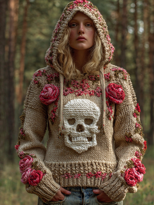 Halloween Skeleton Smiling Face Pink Rose Vintage Hooded Sweater artswardrobe