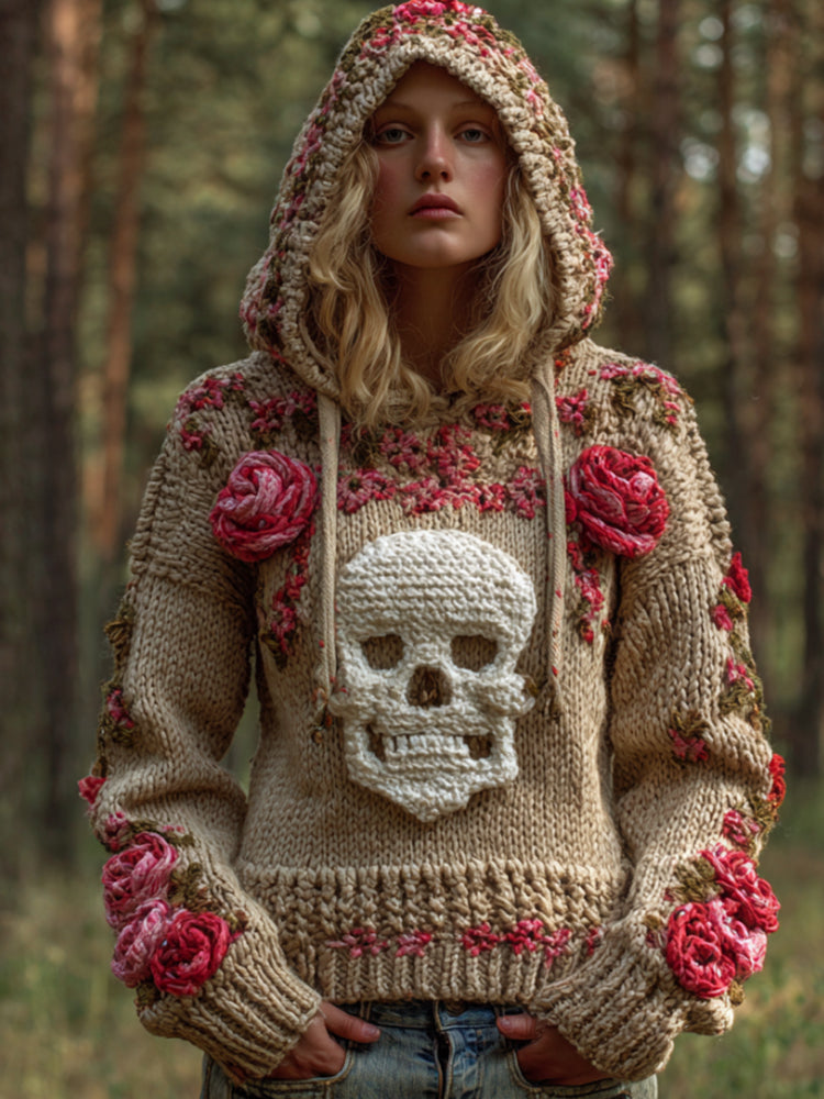 Halloween Skeleton Smiling Face Pink Rose Vintage Hooded Sweater elevenforest