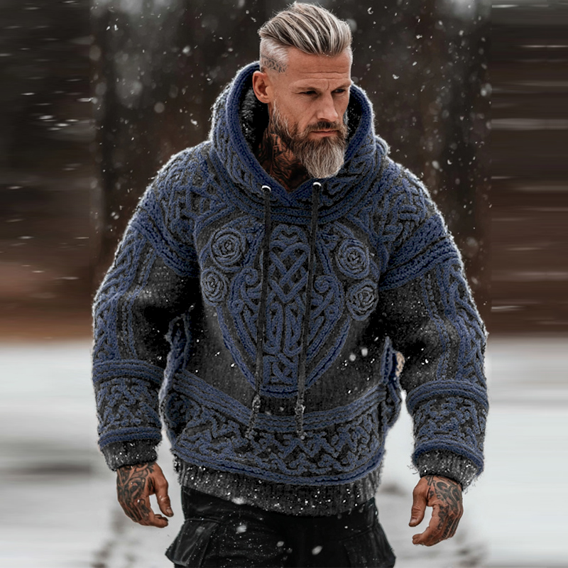 Men's Viking Tribal Jacquard Celtic With Rose Inspired Chunky Knit Hooded Sweater elevenforest
