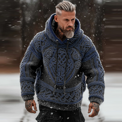 Men's Viking Tribal Jacquard Celtic With Rose Inspired Chunky Knit Hooded Sweater elevenforest