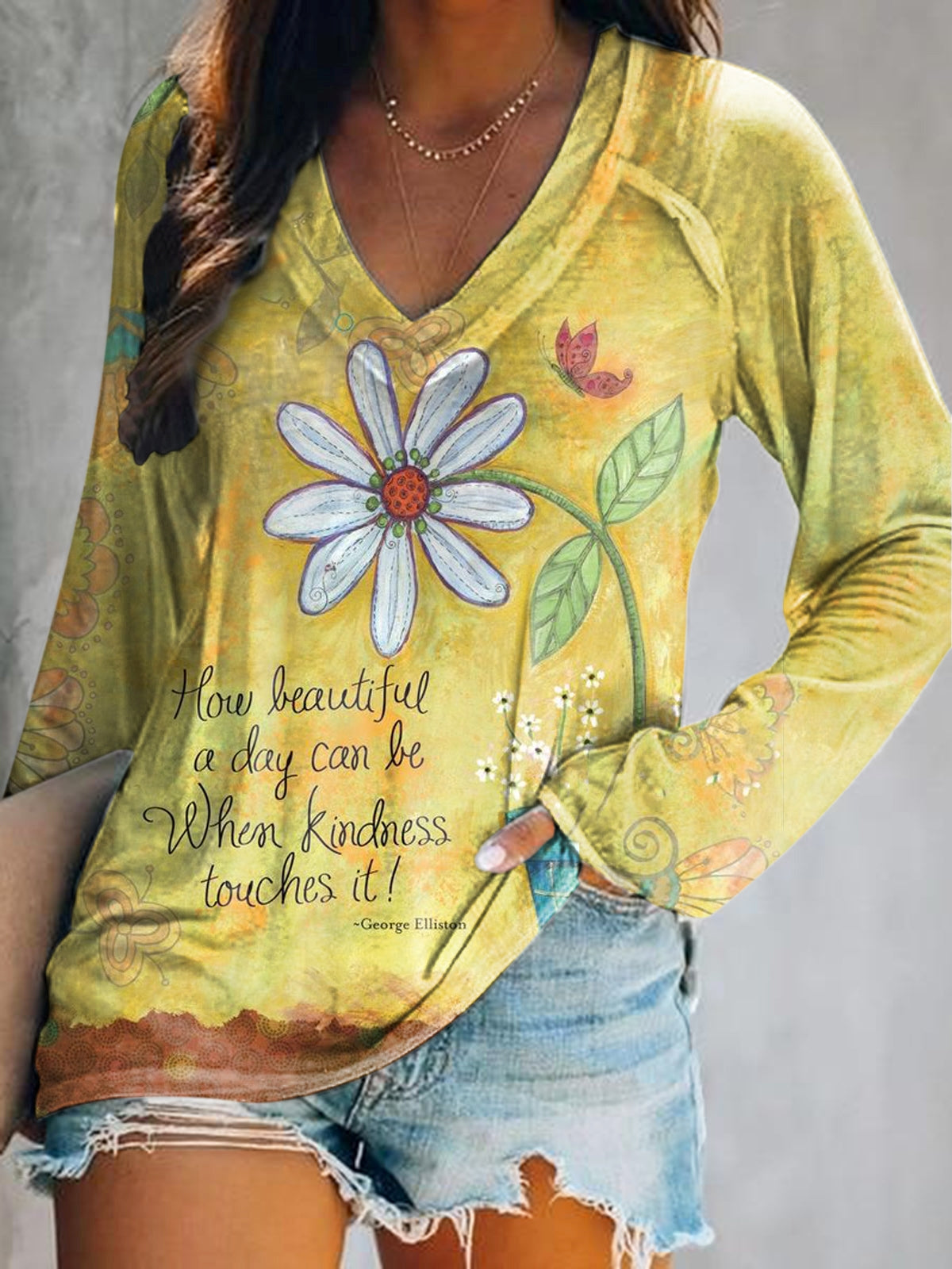 Women's Floral Art Print V-Neck Long Sleeve Top