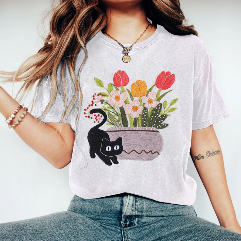 Abstract Creative Potted Plant And Cute Black Cat Embroidery Pattern Drawing Art T-Shirt elevenforest
