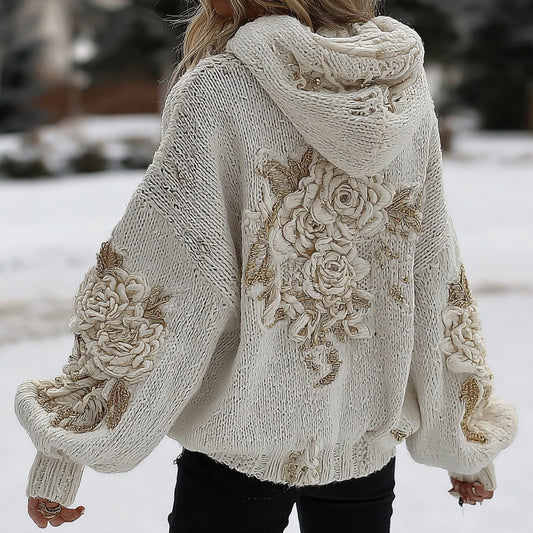 Women's White Rose Classic Cable Hooded Sweater artswardrobe