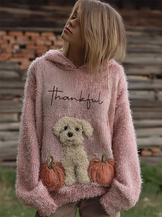 Thankful Fuzzy Dog & Pumpkins Cozy Hooded Sweater artswardrobe