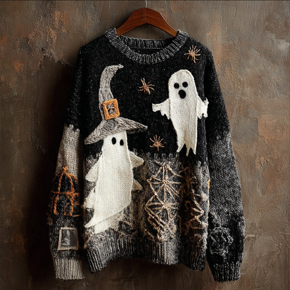 Halloween Screaming Ghost 3d Embroidery Vintage Gradient Round Neck Sweater artswardrobe