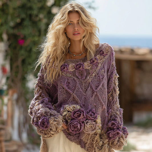 Women's Boho Rose Chunky Knit Crew Neck Aran Sweater elevenforest