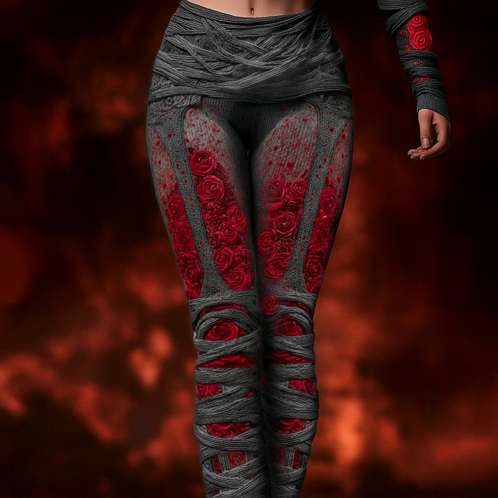 Vintage Skeleton Anatomy Bloody Roses Bandages Knit Leggings artswardrobe