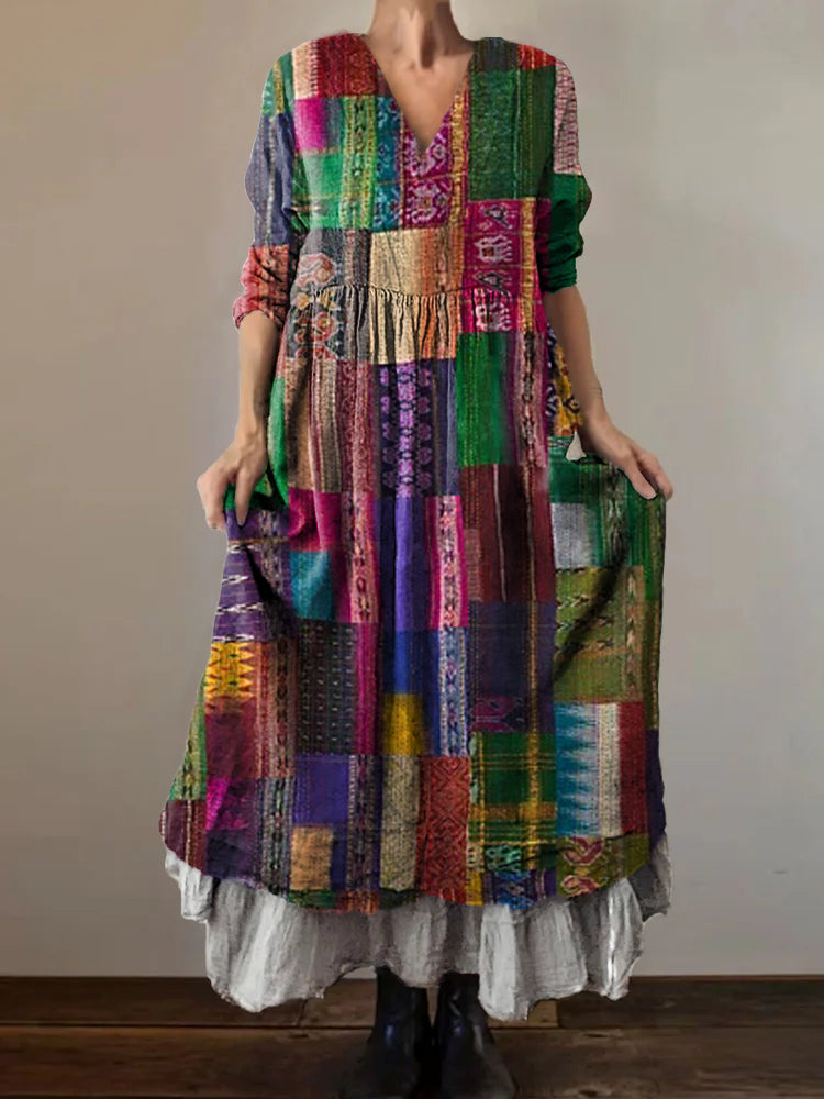 Women's Colorful Patchwork Pattern Art Print V-Neck Button Pocket Cott