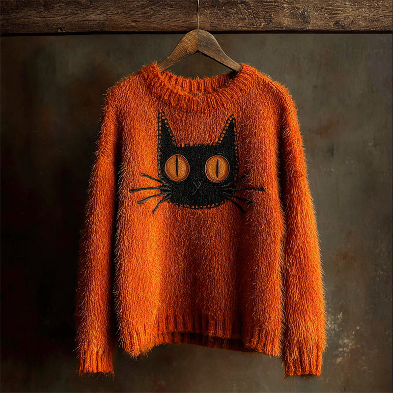 Halloween Black Cat Patchwork Cozy Fuzzy Sweater artswardrobe