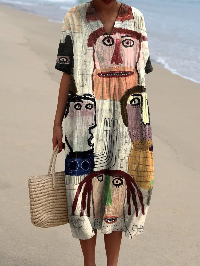 Women's Vintage Funny Abstract Figure Art Print Flowy Dress