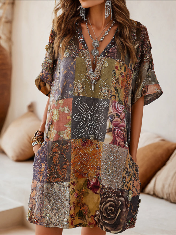 Bohemian Style Patchwork Flower Embroidery Sequin Vintage V-neck Short-sleeved Long Dress artswardrobe
