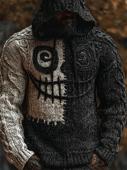 Men's Halloween Spooky Face Contrast Hooded Cozy Chunky Sweater artswardrobe