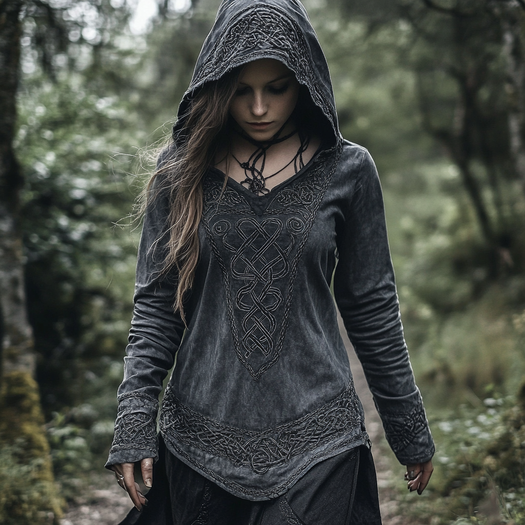 Comstylish Women's Viking Tribal Jacquard Celtic Knot Linen Hooded Shirt