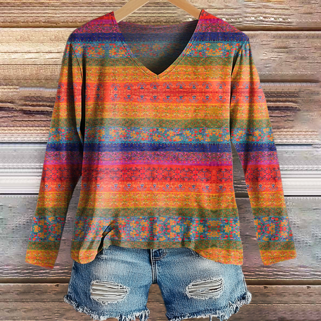 Women's Vintage Floral Art Print Casual V-neck Long Sleeve T-shirt