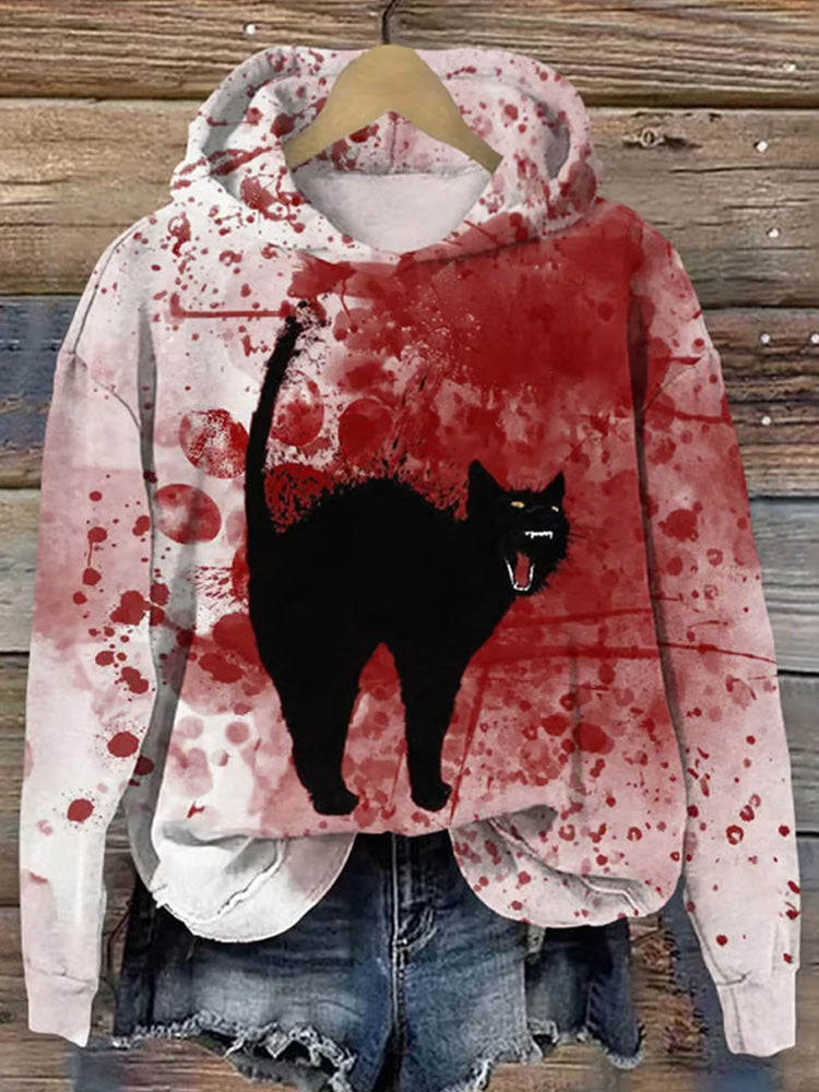 Women's Casual Bloodstained Cat Print Warm Hoodie