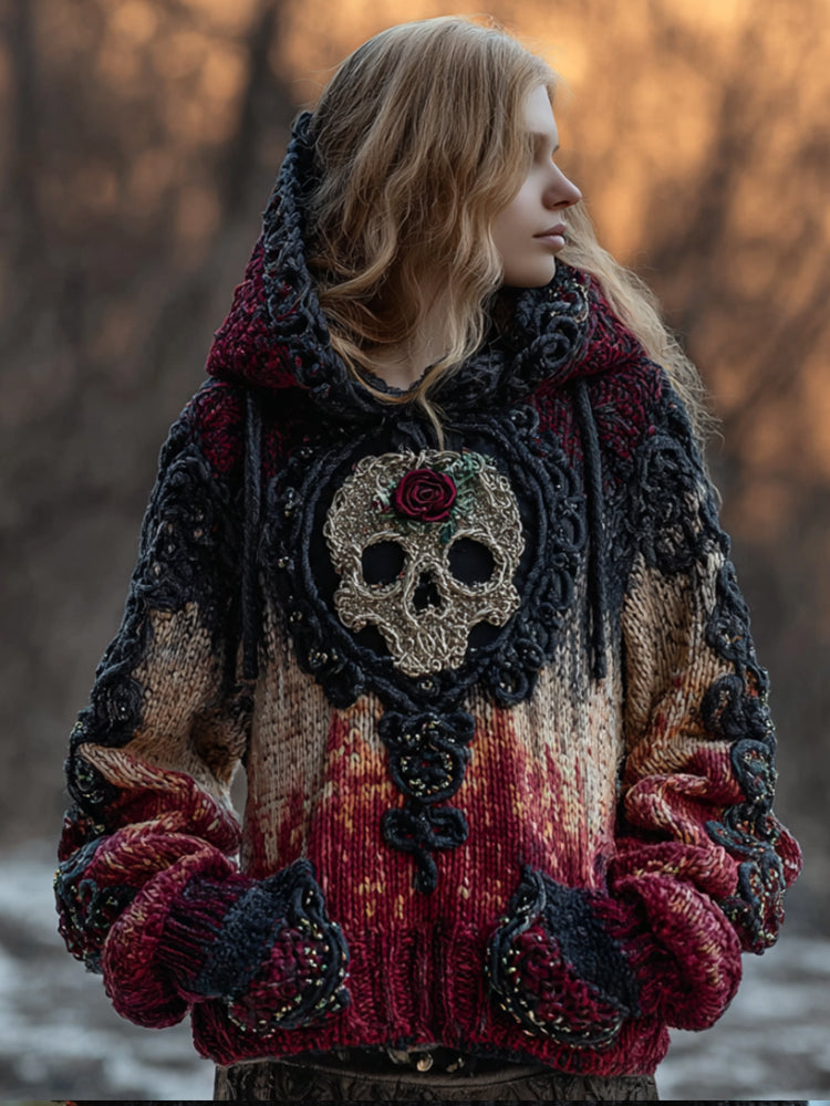 Skull Bloodstained Coarse Needle Hooded Sweater artswardrobe