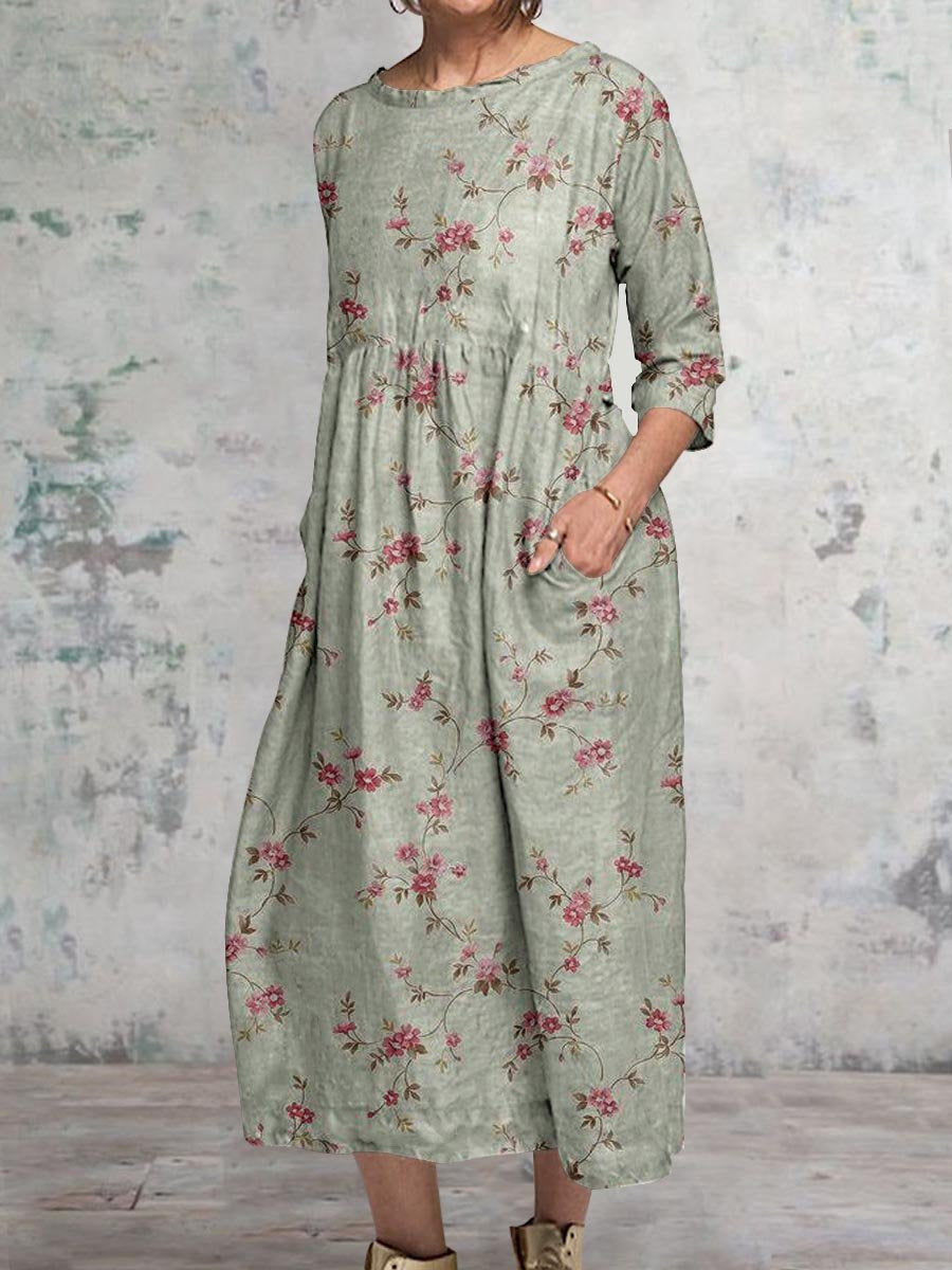 Women's Elegant Floral Classic Round Neck Cotton and Linen Dress