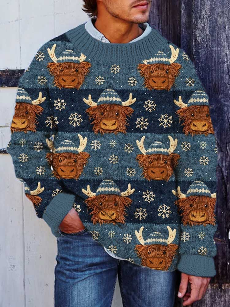 Christmas Snowflake Highland Cow Print Men's Crew Neck Sweater artswardrobe