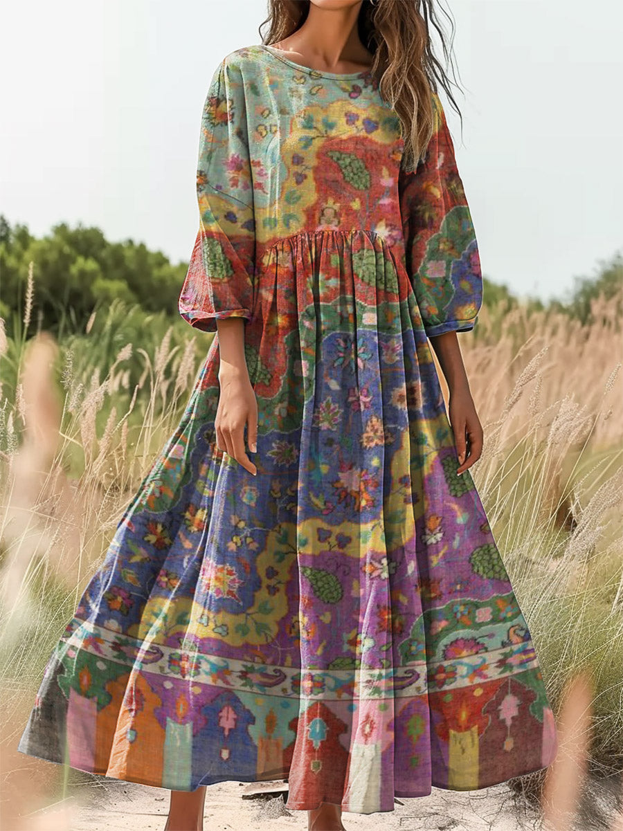 Women's Bohemian Ethnic Floral Collage Art Print Crew Neck Pocket Cott