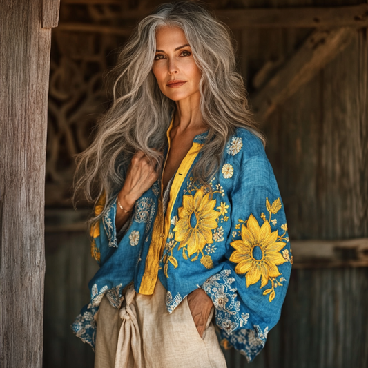 Comstylish Bohemian Ukraine Sunflower Linen Floral Art Print Long Sleeve Shirt