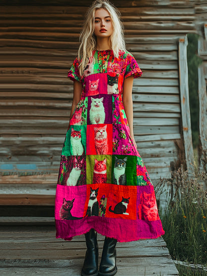 Pop Art Cute Cat Patchwork Design Cotton Linen Dress elevenforest