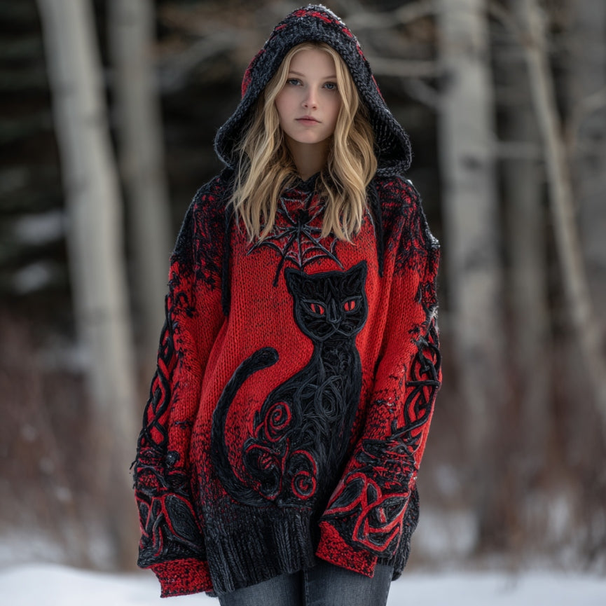 Women's Tribal Black Cat Gradient Art Chunky Knit Hooded Sweater artswardrobe