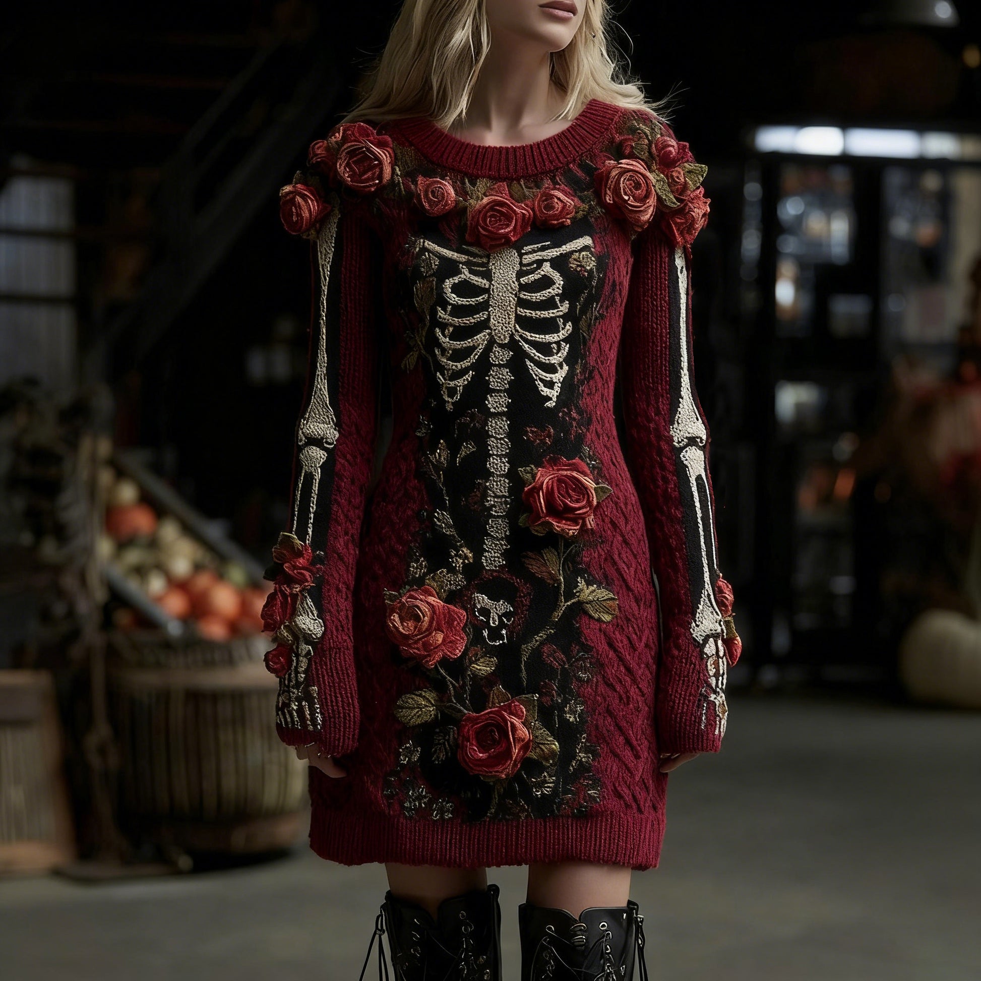 Women's Vintage Halloween Skull With Rose Art Cozy Knit Mini Sweater Dress artswardrobe