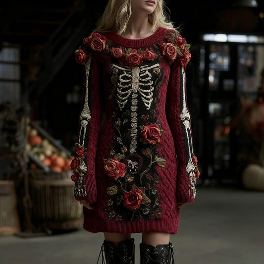 Women's Vintage Halloween Skull With Rose Art Cozy Knit Mini Sweater Dress artswardrobe