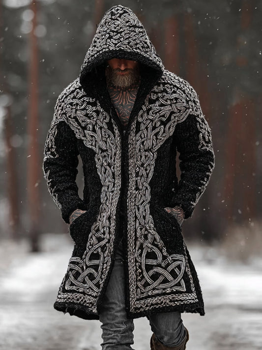 Men's Viking Style Celtic Knot Thick Needle Hooded Long Cardigan Sweater artswardrobe