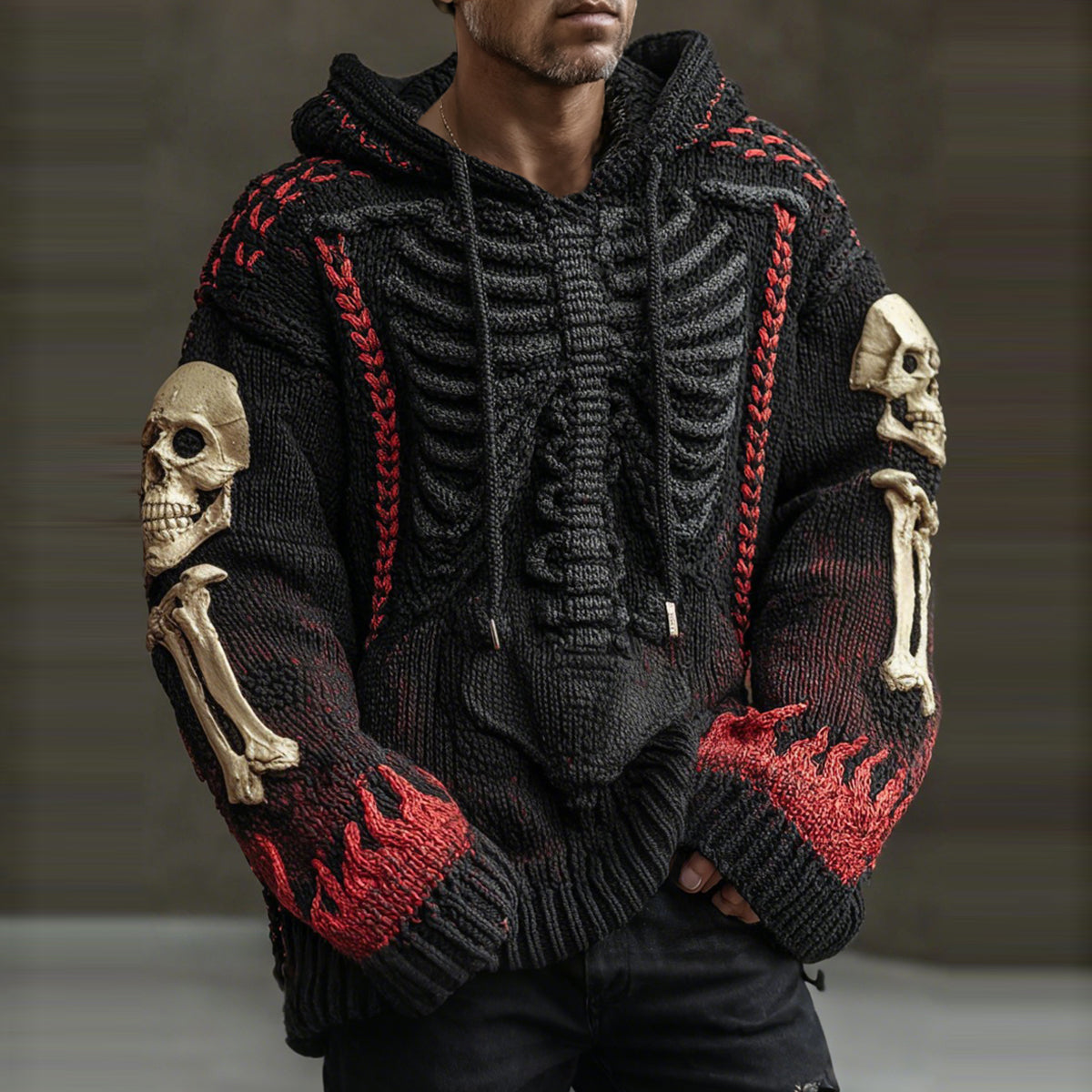 Halloween Skeleton Flame Inspired Jacquard Knit Hooded Sweater artswardrobe