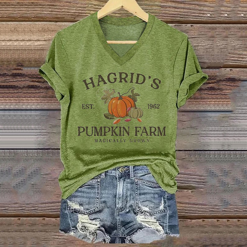 Women's Hagrid's Pumpkin Patch Print V Neck T-Shirt artswardrobe