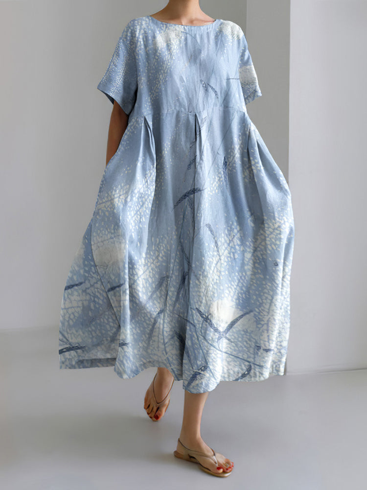 Japanese Art Flower Print Round Neck Short Sleeve Midi Dress