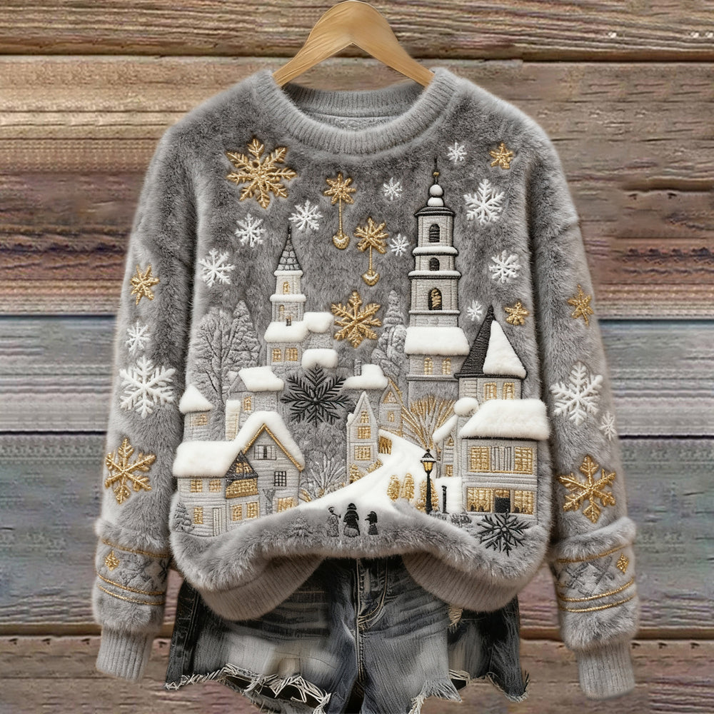 Christmas Snow Scene Embroidery Women's Cozy Plush Sweater artswardrobe