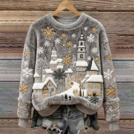 Christmas Snow Scene Embroidery Women's Cozy Plush Sweater