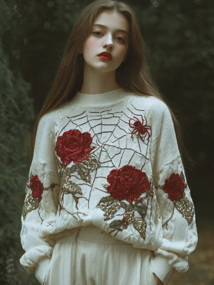 Women Halloween Spider And Rose Make Old White Round Neck Sweater artswardrobe