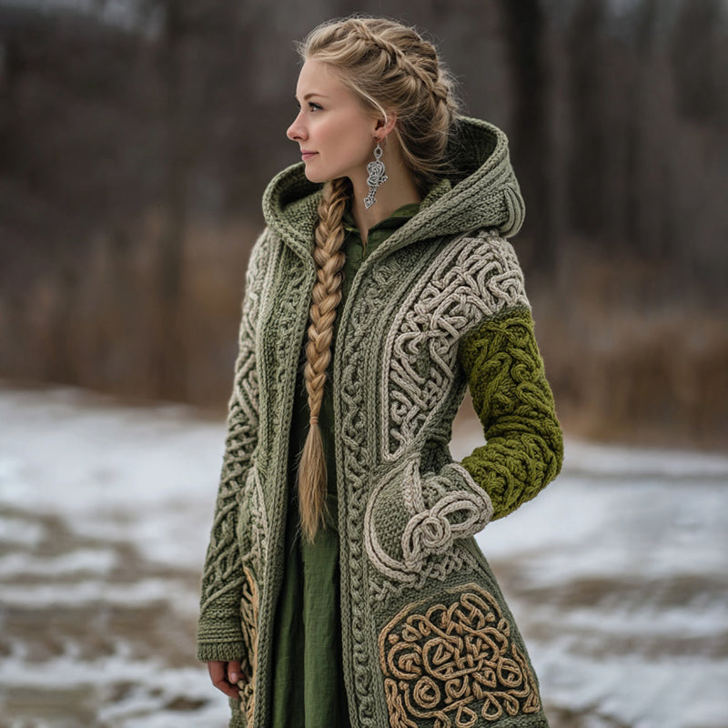 Women's Vintage Viking Celtic Knit Cozy Zipper Pocket Sweater Jacket artswardrobe