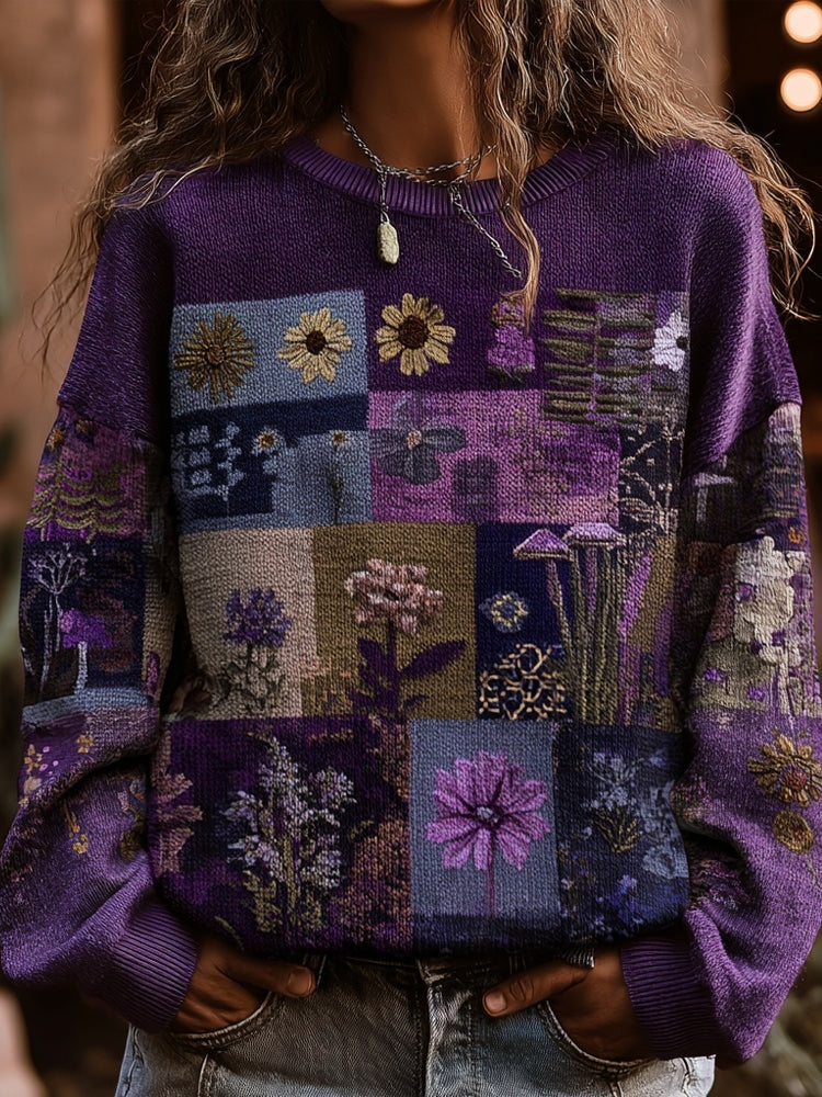 Vintage Floral Pattern Crew Neck Cozy Knitted Sweater artswardrobe