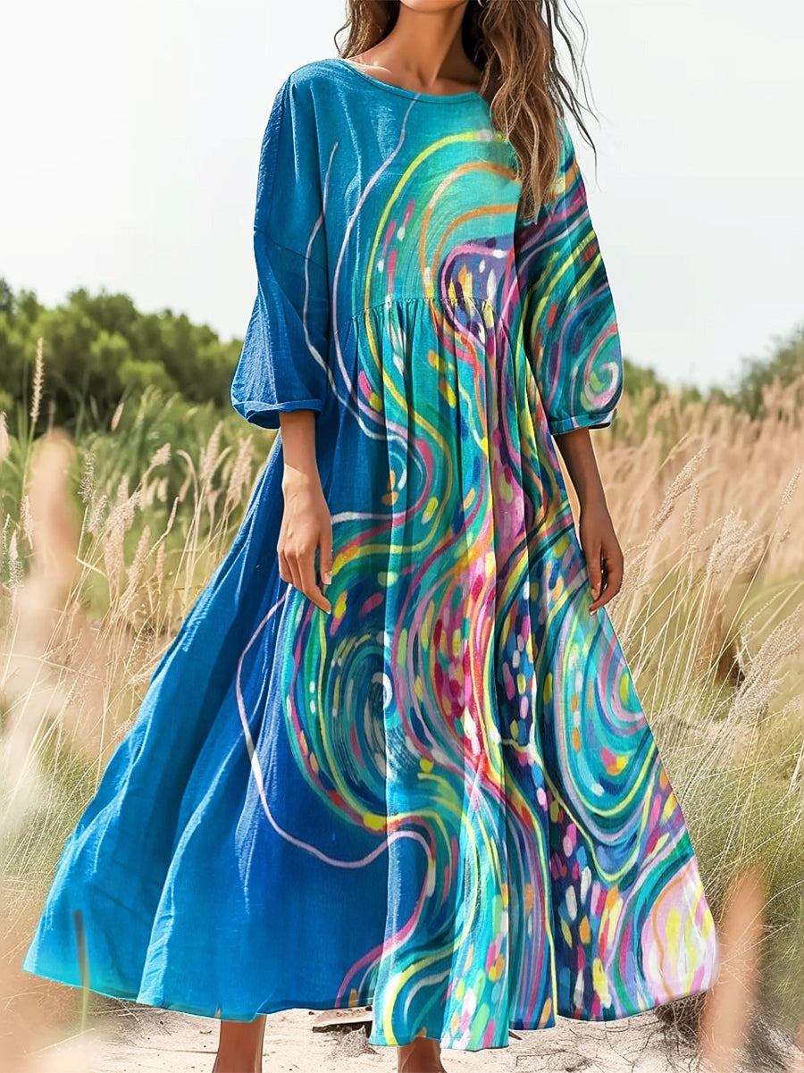 Women's Abstract Line Print Flowy Cotton Crew Neck Dress